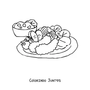 Desenho para colorir de um prato com camaroes fritos e salada