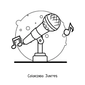 Desenho para colorir de um microfone sem fio no suporte com notas musicais ao fundo