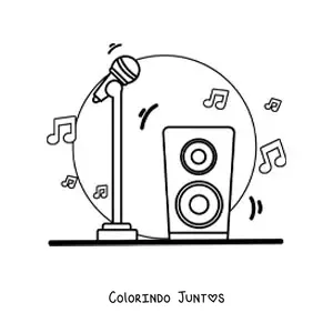 Desenho para colorir de um microfone de pe com alto-falante, com notas musicais ao fundo
