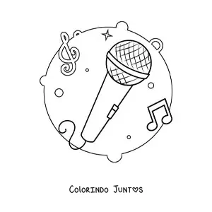 Desenho para colorir de um microfone com notas musicais ao fundo