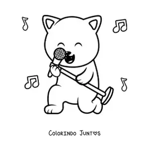 Desenho para colorir de um gato animado cantando com microfone com notas musicais ao fundo