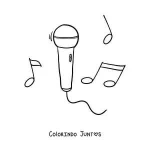 Desenho para colorir de um microfone com notas musicais ao fundo