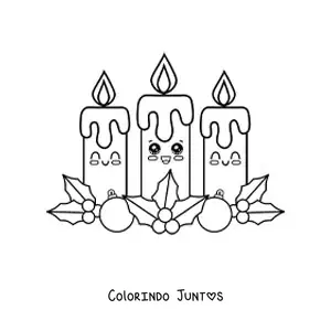 Desenho para colorir de tres velas do Advento kawaii animadas com visco e bolinhas natalinas