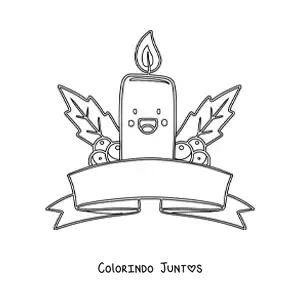 Desenho para colorir de uma vela natalina kawaii animada com visco e fita
