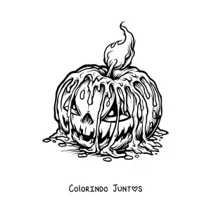 Desenho para colorir de uma vela de Halloween derretida sobre uma abobora assustadora
