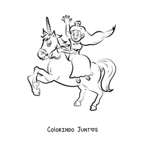 Desenho para colorir de uma princesa montada em um unicórnio e acenando