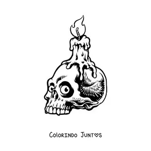 Desenho para colorir de uma vela de Halloween sobre uma caveira assustadora