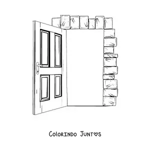 Desenho para colorir de uma porta de madeira aberta com moldura de tijolos