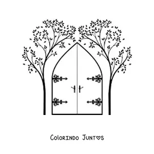 Desenho para colorir de uma porta com duas arvores nas laterais