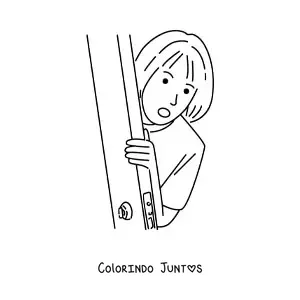 Desenho para colorir de uma menina espiando atras de uma porta