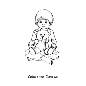 Desenho para colorir de um menino sentado segurando um ursinho de pelucia