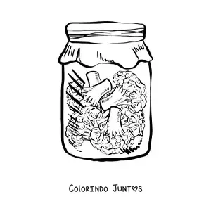 Desenho para colorir de pedacos de brocolis em um pote de vidro realista