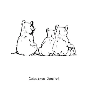Desenho para colorir de uma familia de filhotes de urso sentados de costas