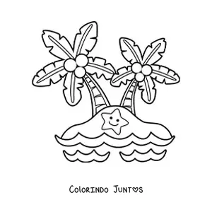 Desenho para colorir de uma ilha kawaii com 2 palmeiras e uma estrela-do-mar sorridente