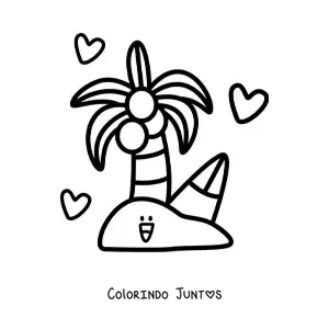 Desenho para colorir de uma ilha animada kawaii com uma palmeira e coracoes ao fundo