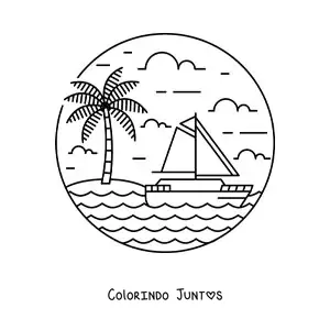 Desenho para colorir de uma ilha com uma palmeira e um veleiro