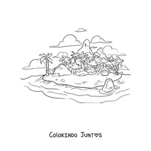 Desenho para colorir de uma ilha realista grande com palmeiras e montanhas