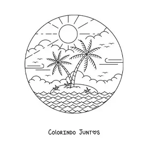 Desenho para colorir de uma ilha paradisiaca com Sol e 2 palmeiras
