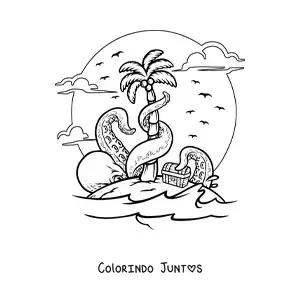 Desenho para colorir de uma ilha com bau do tesouro e um polvo gigante tentando rouba-lo