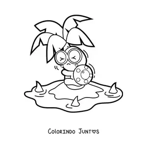 Desenho para colorir de uma tartaruga kawaii assustada em uma ilha cercada por tubaroes