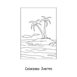Desenho para colorir de uma paisagem de uma ilha com 2 palmeiras