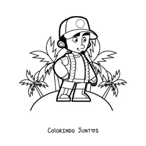 Desenho para colorir de um explorador em uma ilha tropical com palmeiras
