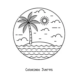 Desenho para colorir de uma ilha deserta com palmeira e Sol