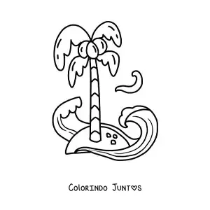 Desenho para colorir de uma ilha com um coqueiro e ondas no mar