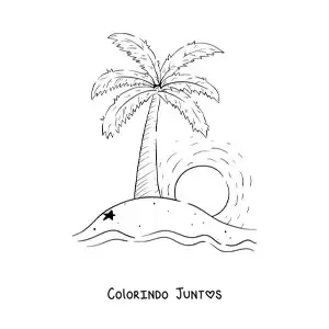 Desenho para colorir do Sol se pondo em uma ilha com uma palmeira