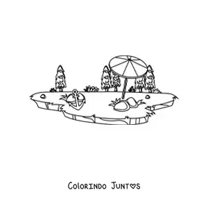 Desenho para colorir de uma ilha com guarda-sol