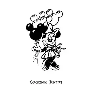 Desenho para colorir da Minnie com um presente e baloes de aniversario em formato de Mickey