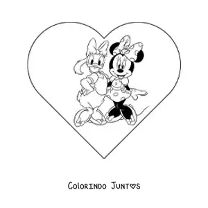 Desenho para colorir da Minnie e da Margarida com um coracao ao fundo