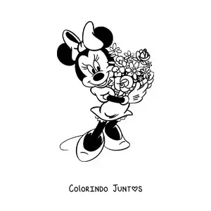 Desenho para colorir da Minnie com um buque de flores