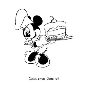 Desenho para colorir da Minnie cozinheira com chapeu de chef e um bolo
