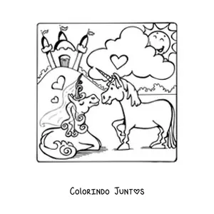 Desenho para colorir de uma princesa unicórnio com um príncipe unicórnio e um castelo ao fundo