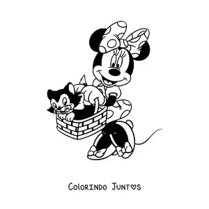 Desenho para colorir da Minnie levando seu gato Figaro em uma cesta