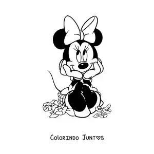 Desenho para colorir da Minnie sentada sobre flores com os olhos olhando para cima a esquerda