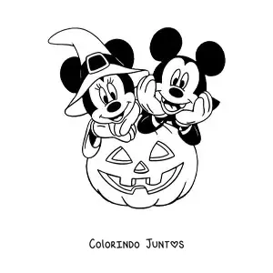 Desenho para colorir da Minnie e do Mickey no Halloween fantasiados ao lado de uma abobora grande
