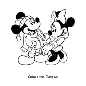 Desenho para colorir da Minnie e do Mickey vestidos de inverno no Natal