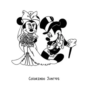 Desenho para colorir da Minnie com vestido de noiva e um buque e do Mickey com terno e chapeu no casamento deles