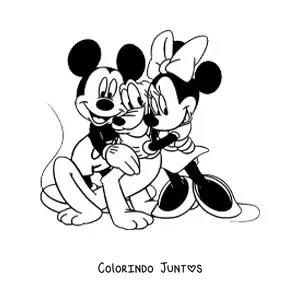 Desenho para colorir da Minnie e do Mickey abracando o Pluto