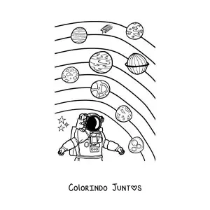 Desenho para colorir de um astronauta e dos planetas do Sistema Solar atual