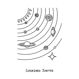 Desenho para colorir dos planetas do Sistema Solar com suas orbitas completas e Plutao em escala