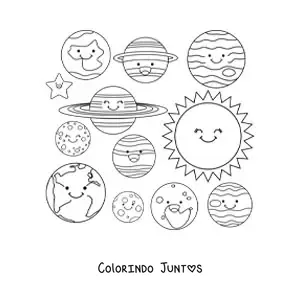 Desenho para colorir dos planetas do Sistema Solar com um Sol kawaii