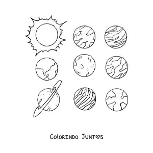 Desenho para colorir dos planetas do Sistema Solar atual em fileiras