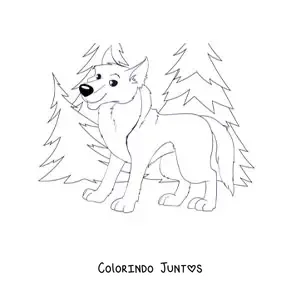Desenho para colorir de um lobo animado sorridente em uma floresta