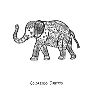 Desenho para colorir de uma mandala de elefante caminhando