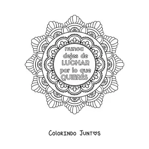 Desenho para colorir de uma mandala com a frase nunca pare de lutar pelo que voce quer
