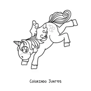 Desenho para colorir de um unicórnio animado dançando sobre as patas dianteiras