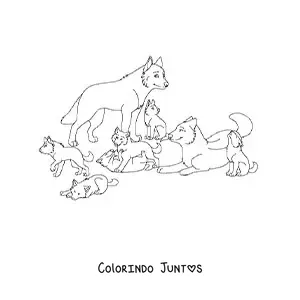 Desenho para colorir de uma alcateia de lobos animados
